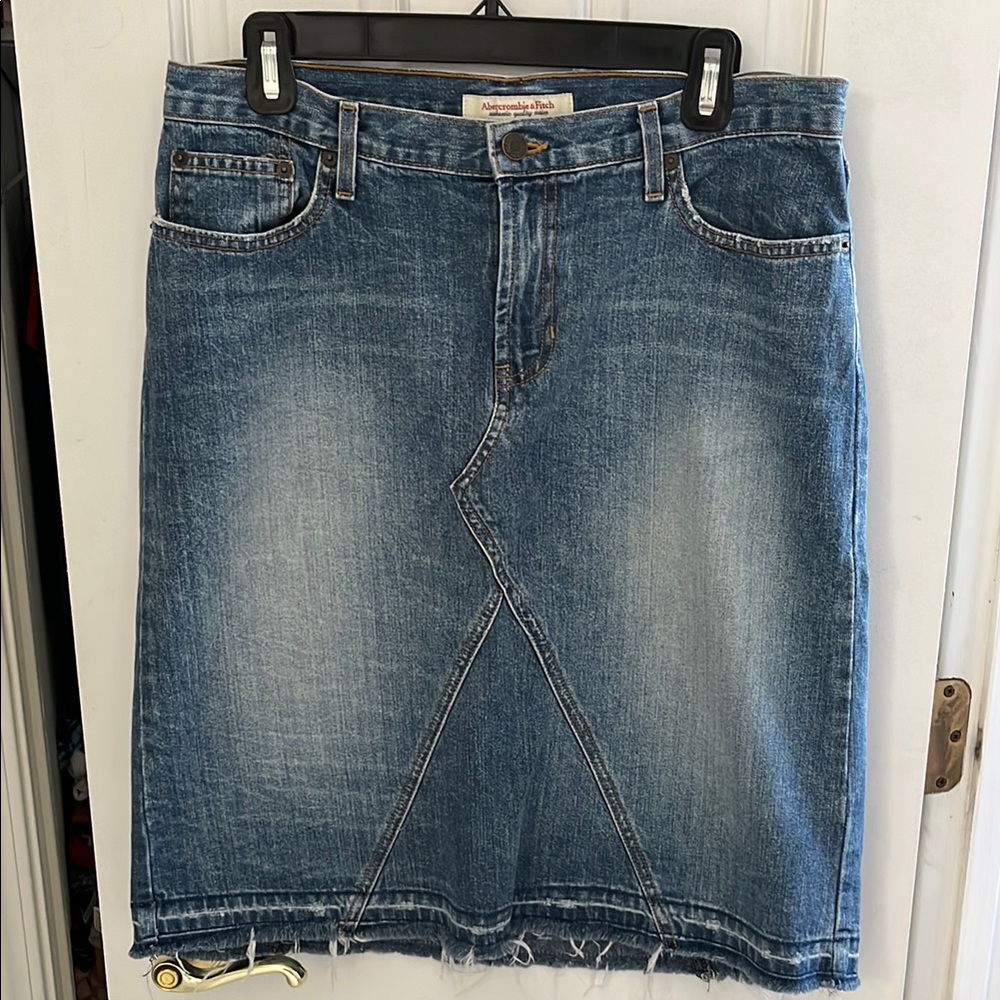 Denim Skirt with Frayed Hem